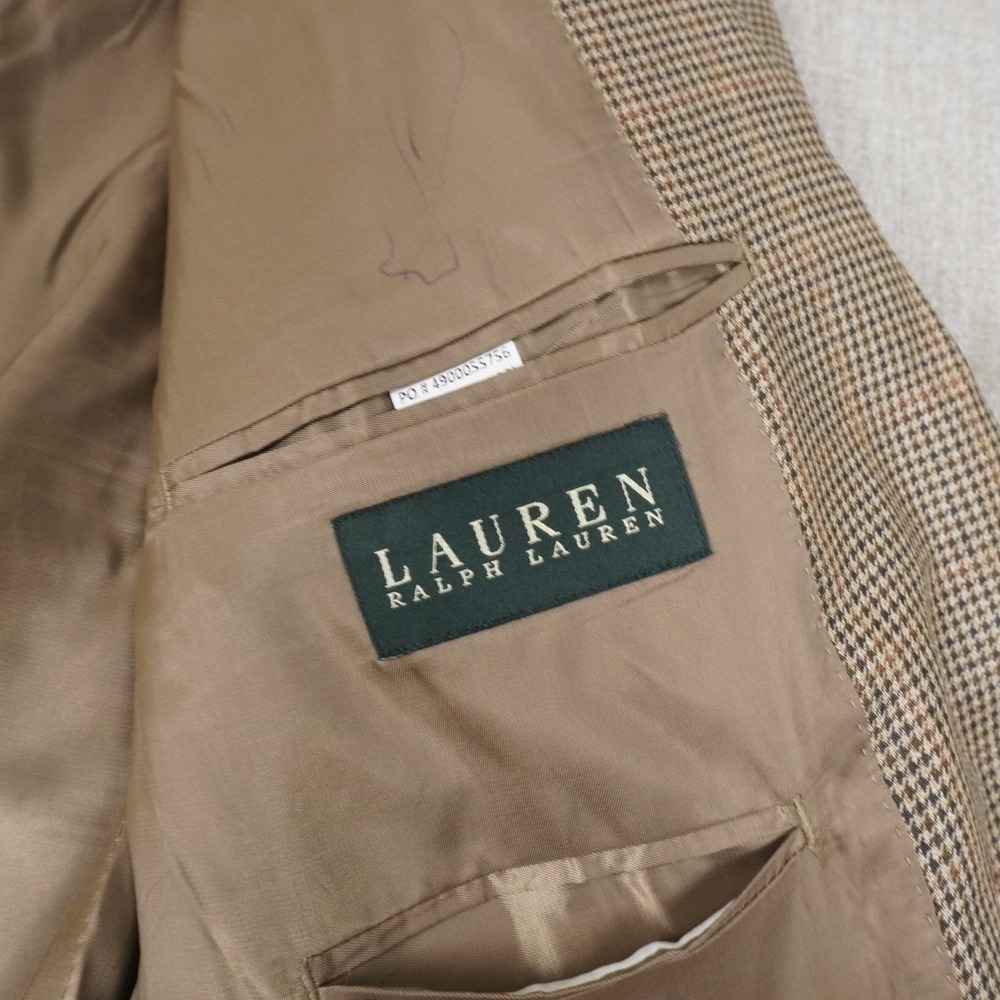 Ralph Lauren Beige Plaid Houndstooth Two Button Blazer Sport Coat 46R Silk Wool - Picture 8 of 10